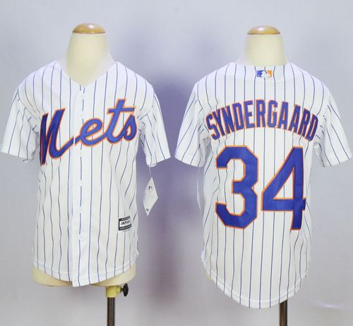 Mets #34 Noah Syndergaard White(Blue Strip) Home Cool Base Stitched Youth MLB Jersey - Click Image to Close